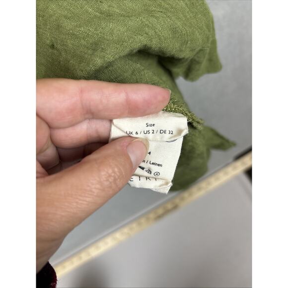 Poetry Dress Size 2 100% Linen Green 3/4 Sleeve Button Side Slit Pockets Preppy - Picture 7 of 11
